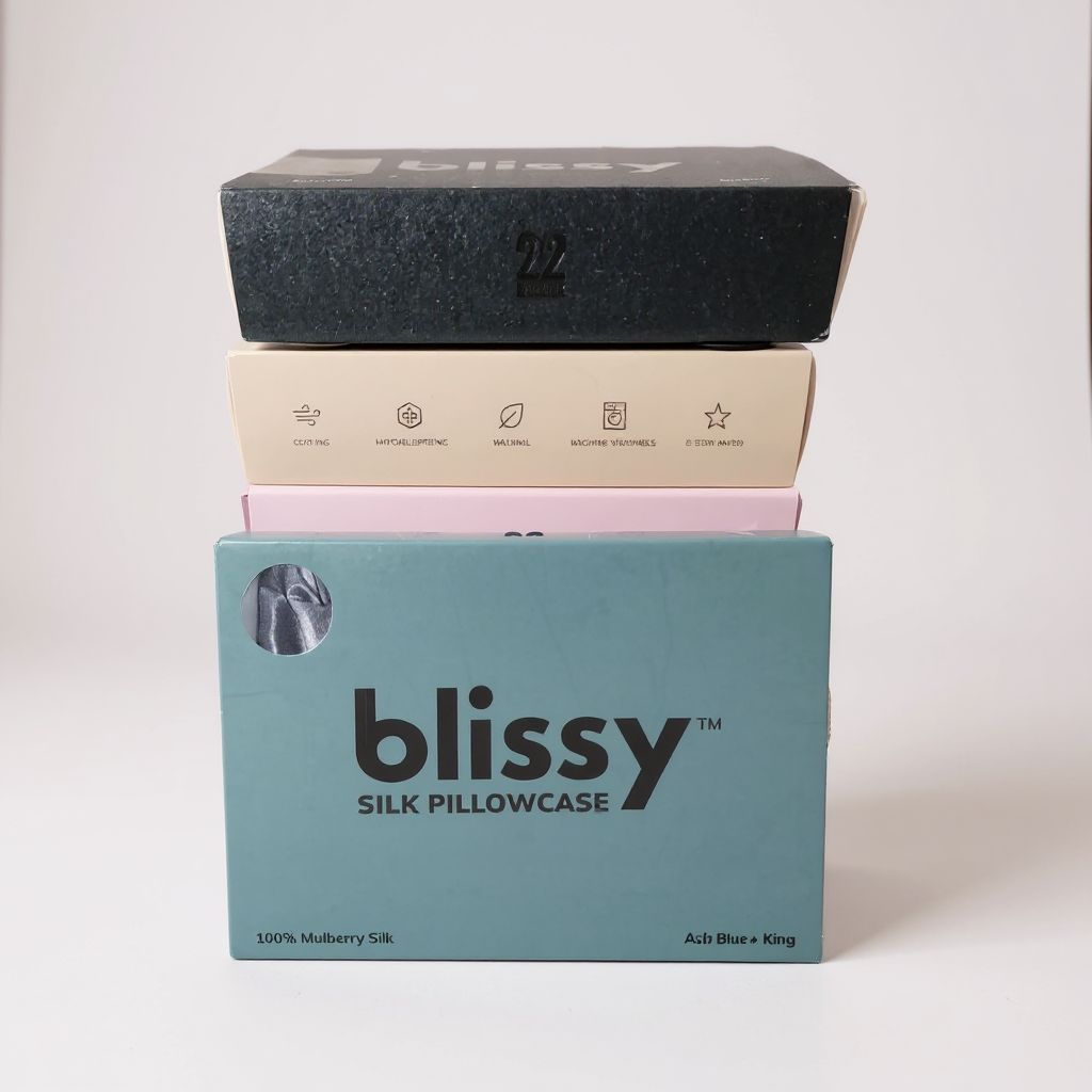 Stack of blissy silk pillowcase boxes on a light background