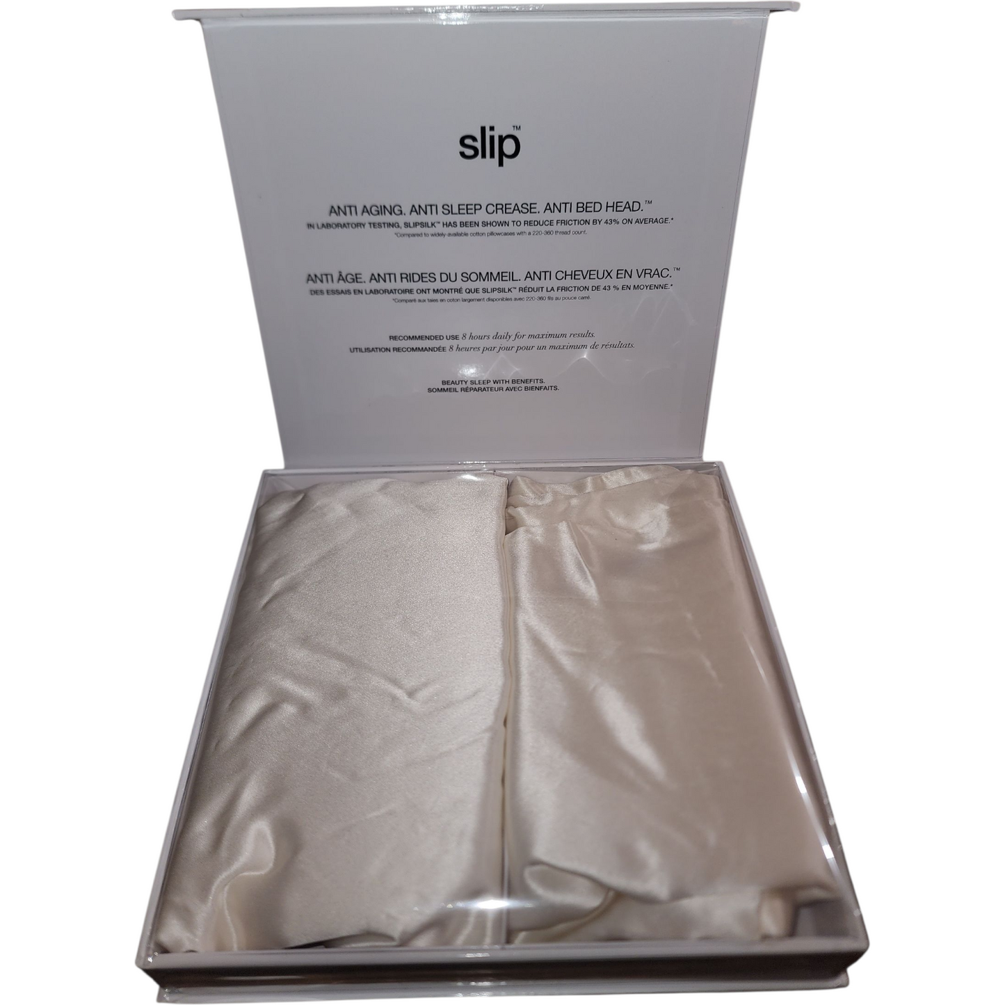 Silk pillowcase in packaging with 'slip' branding on a white background