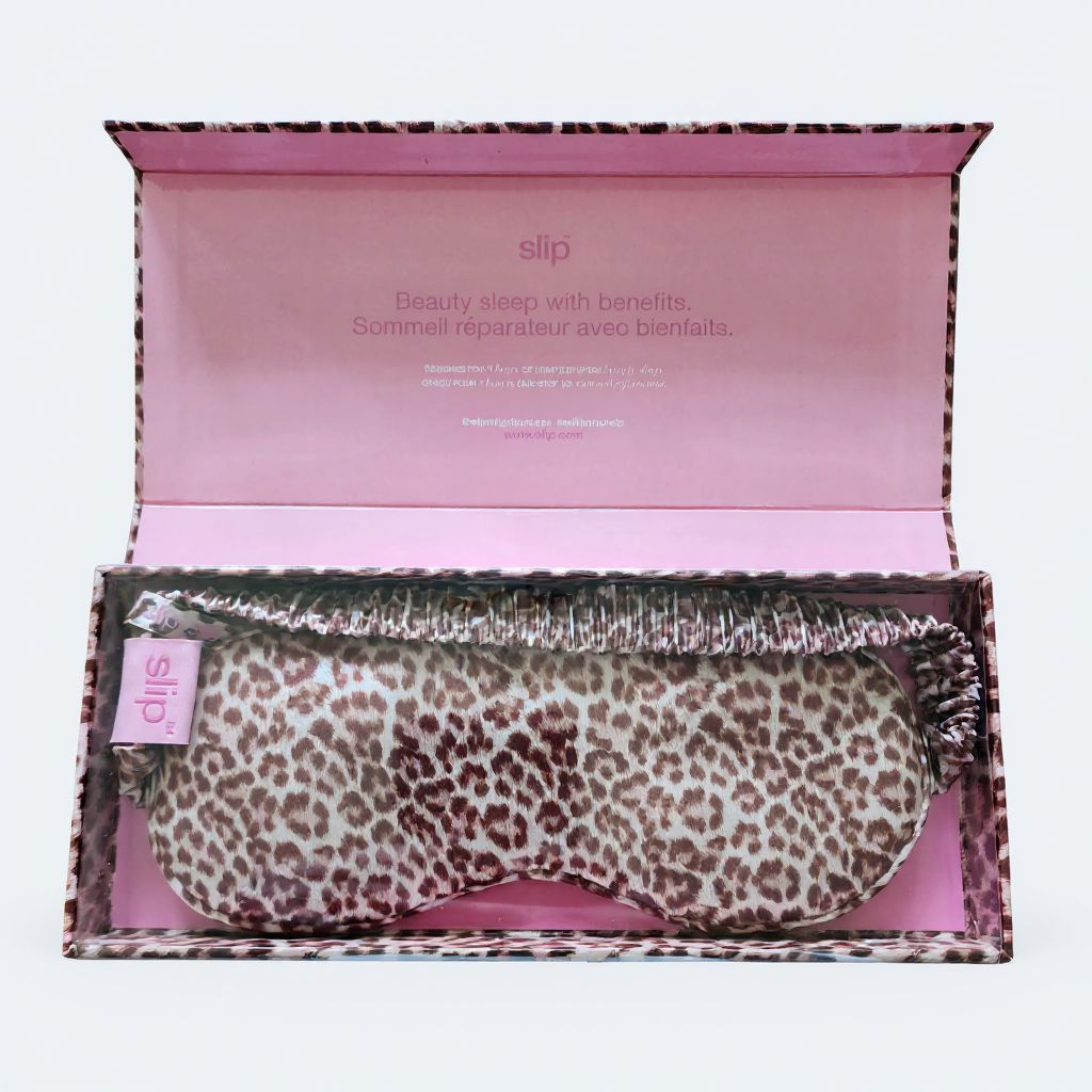 Leopard print sleep mask in a 'slip' branded box on a white background