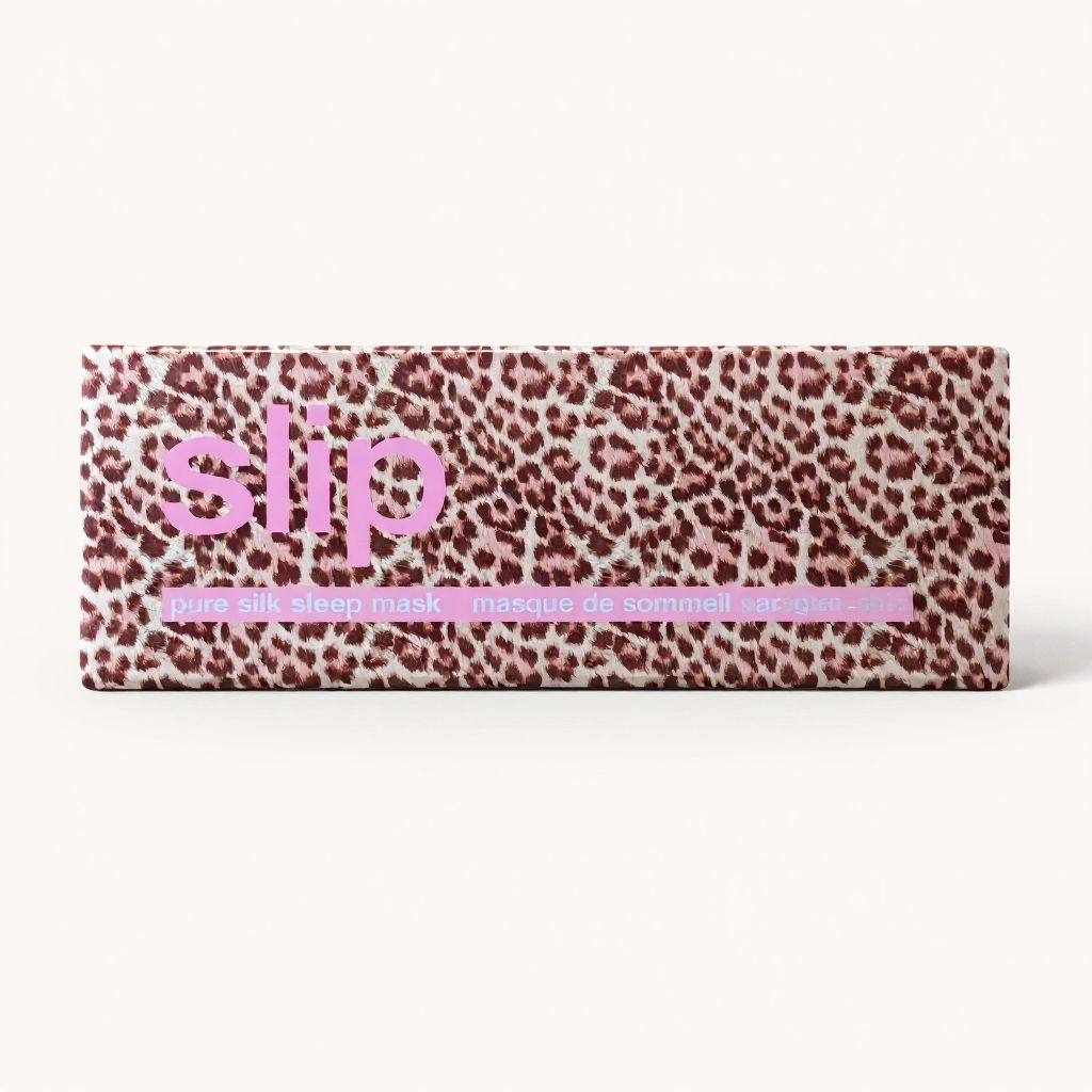 Leopard print makeup palette with 'slip' text on a white background