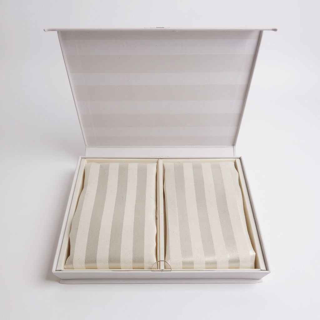 Two striped fabric swatches in a white box on a light gray background