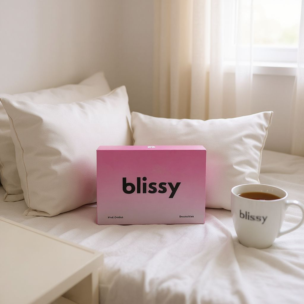 Pink 'blissy' box and white mug on a bed with pillows