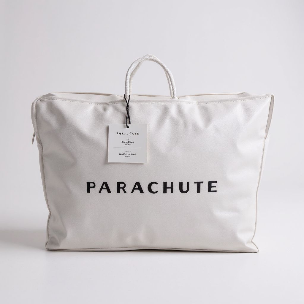 White bag with 'Parachute' branding on a light gray background