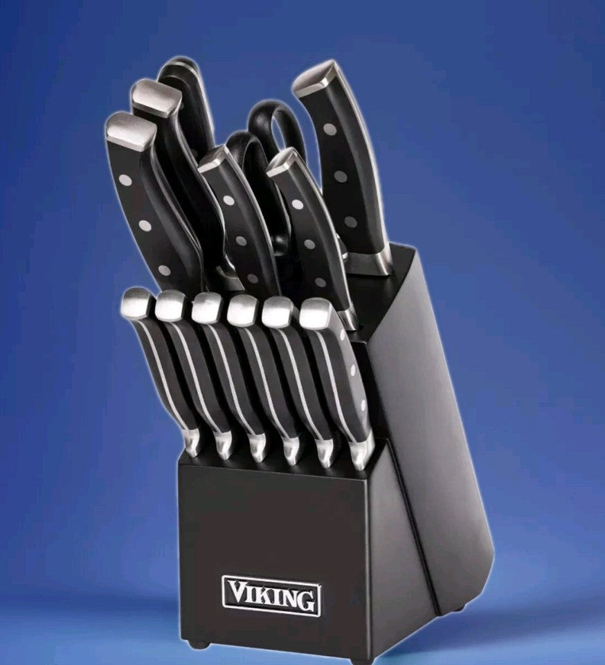 Viking Knives Set Black Rubberwood Knive Block Cutlery 14 Piece Set Brand New