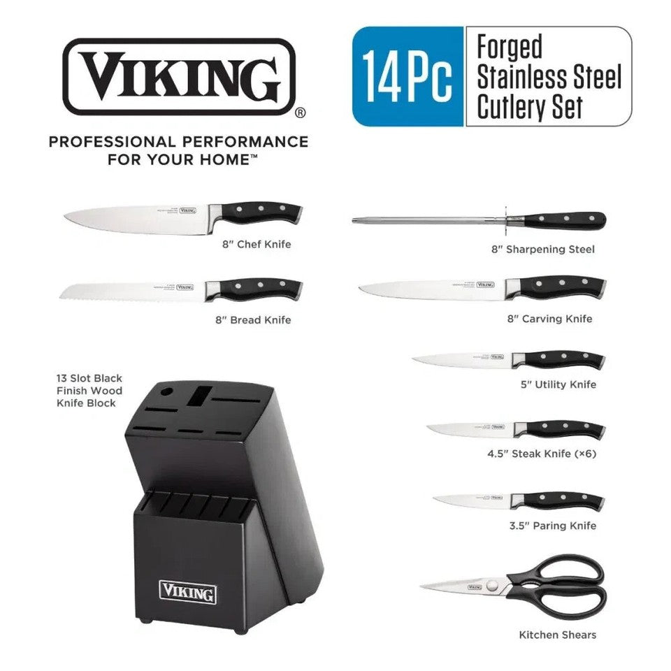 Viking Knives Set Black Rubberwood Knive Block Cutlery 14 Piece Set Brand New