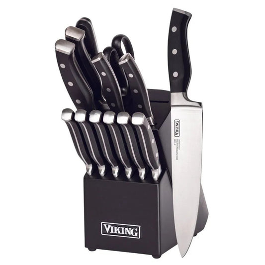 Viking Knives Set Black Rubberwood Knive Block Cutlery 14 Piece Set Brand New