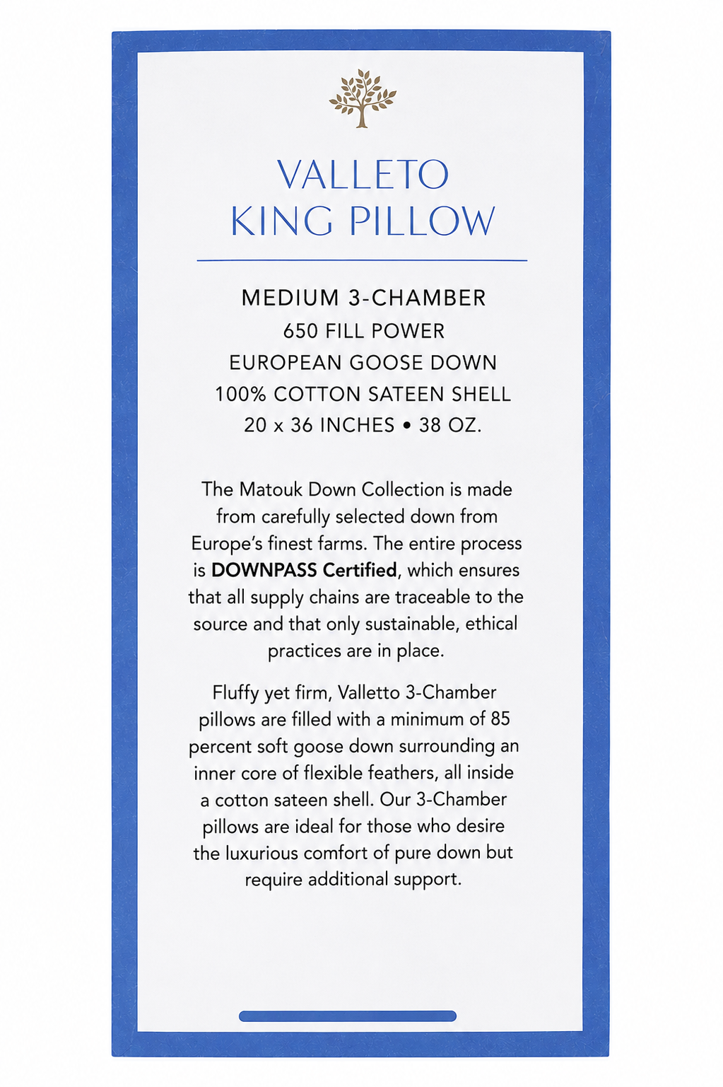 Matouk Valleto Pillow King Size 20"x36" Medium 3-Chamber Cotton Sateen Shell