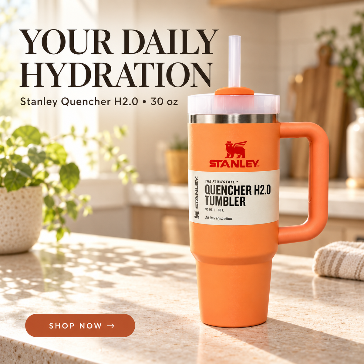 Stanley orange tumbler Your Daily Hydration lifestyle advertisement