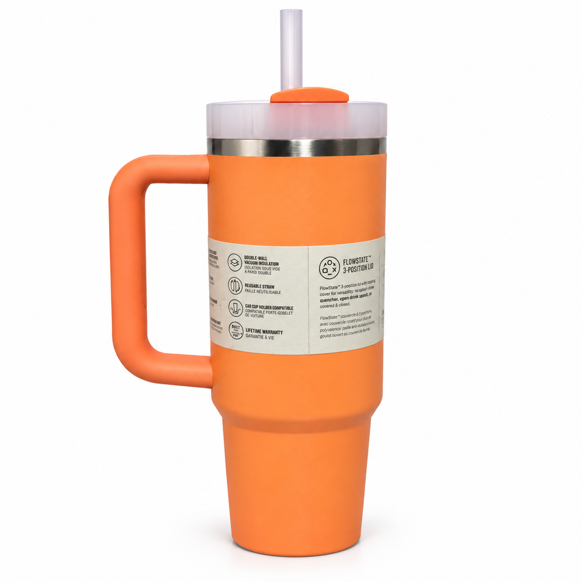 Orange Stanley Quencher H2.0 30 oz tumbler back view