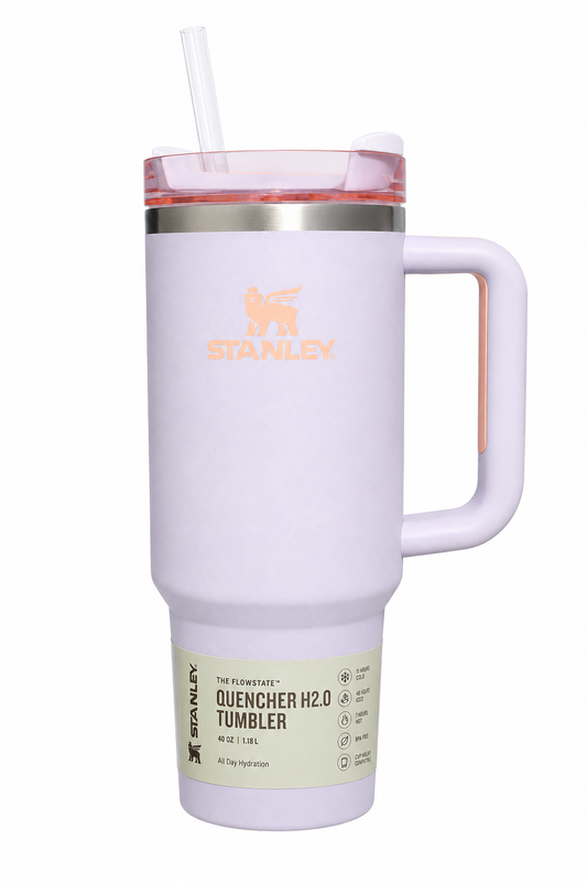 Stanley Quencher H2.0 40 oz lavender tumbler with handle and straw