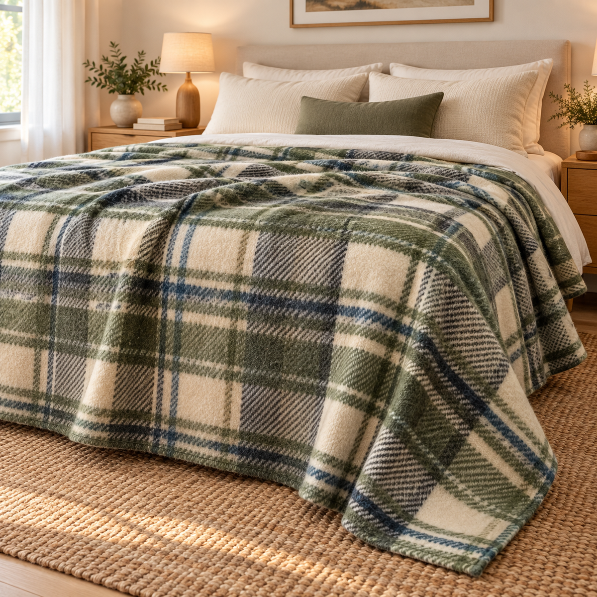 Olive plaid Tahoe blanket in bedroom
