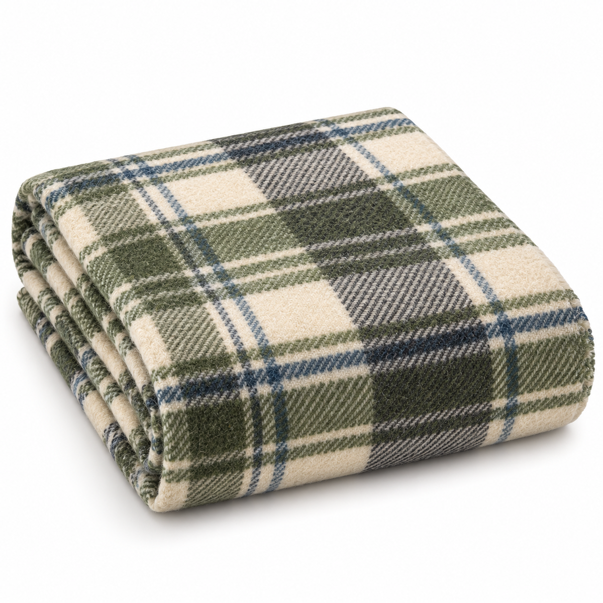 Folded olive plaid Tahoe blanket