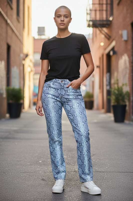 Jeans AG The Mari Snake Print High Rise Straight, Size 24 W Blue Color