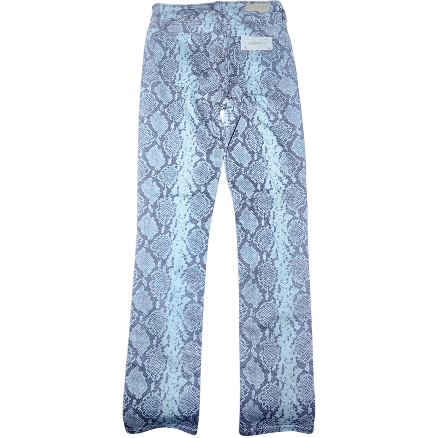 Light blue snake print pants on a white background