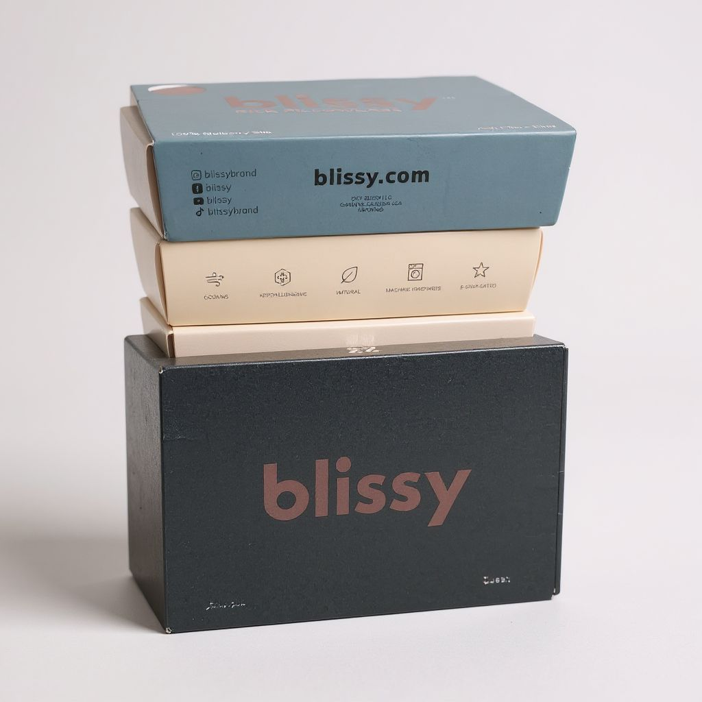 Stack of boxes with 'blissy' branding on a light gray background