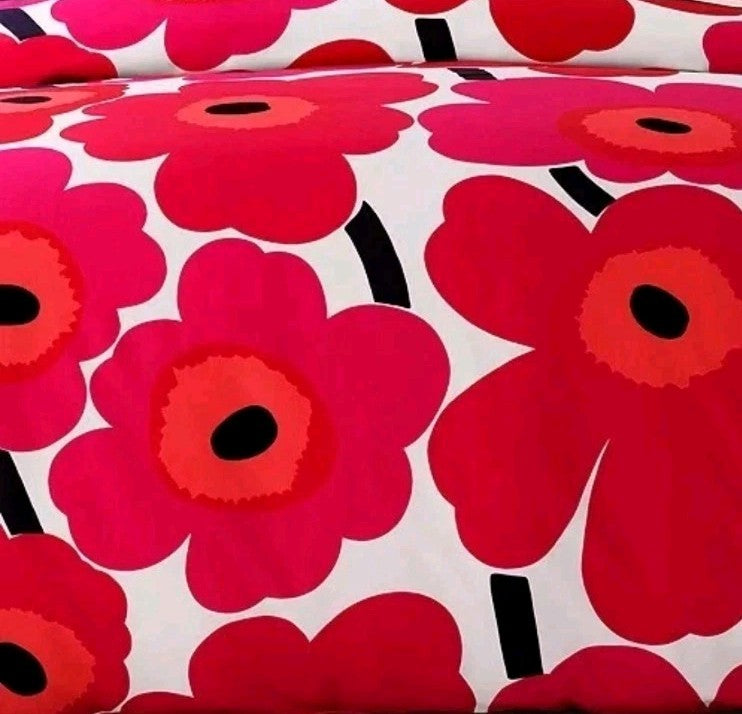 Marimekko Unikko Comforter Floral Red and White Queen Set Percale Cotton BN $300