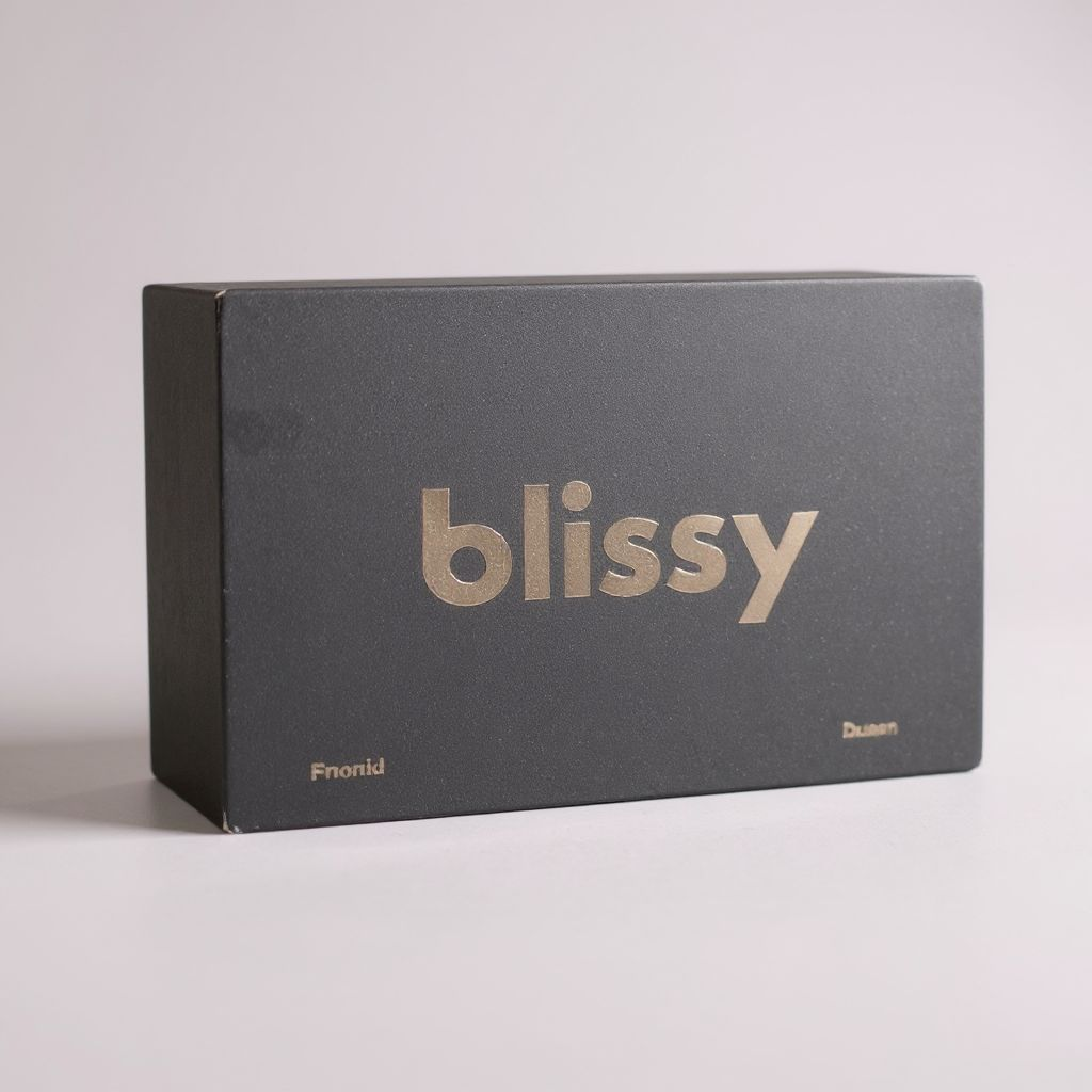 Black box with 'blissy' branding on a light gray background