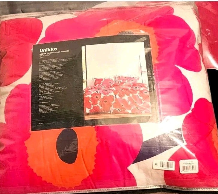 Marimekko Unikko Comforter Floral Red and White Queen Set Percale Cotton BN $300