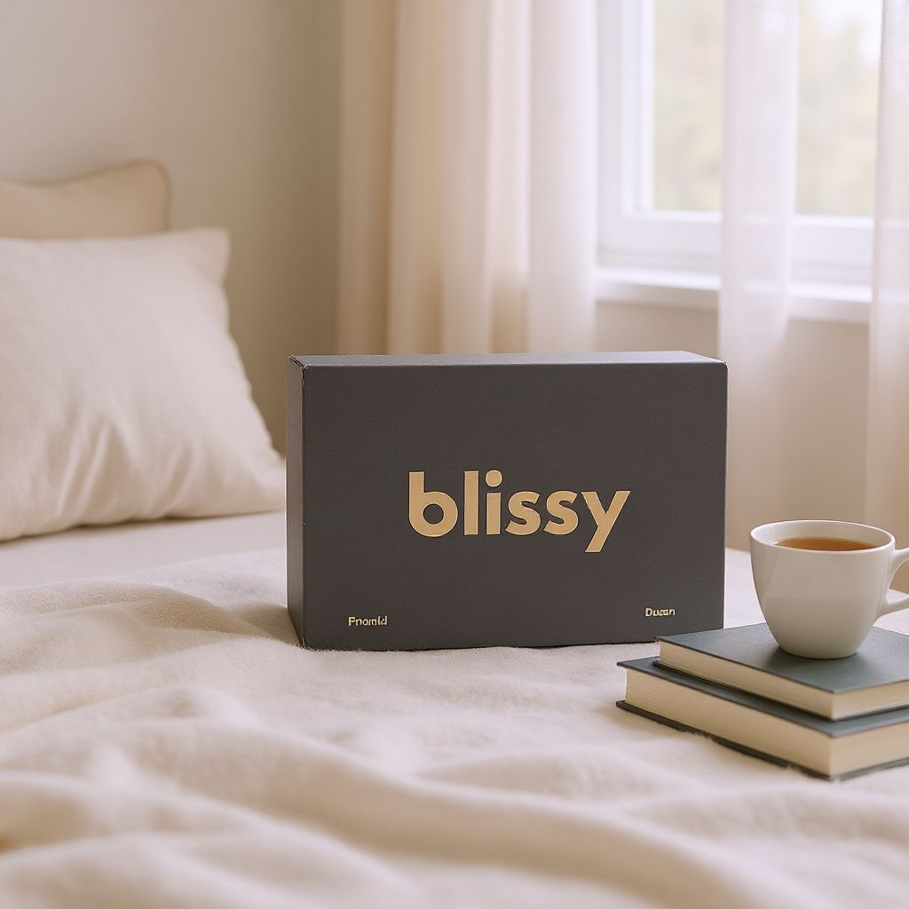 Blissy product box on a bed with a cup of coffee and books