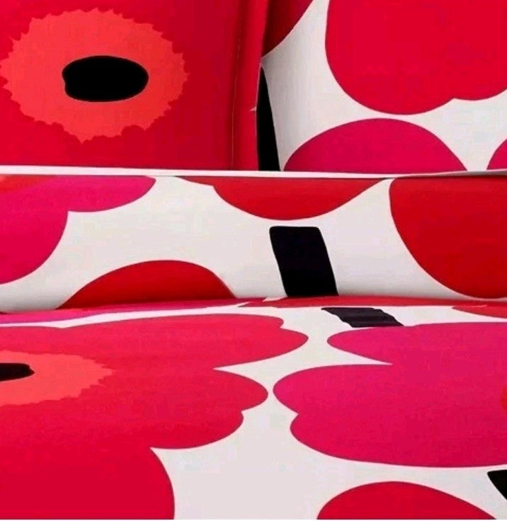Marimekko Unikko Comforter Floral Red and White Queen Set Percale Cotton BN $300