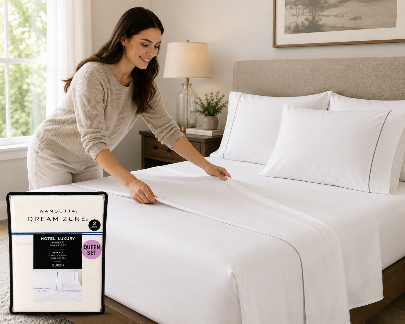 Woman arranging white bedding on a bed with a Wamsutta product packaging in the foreground.