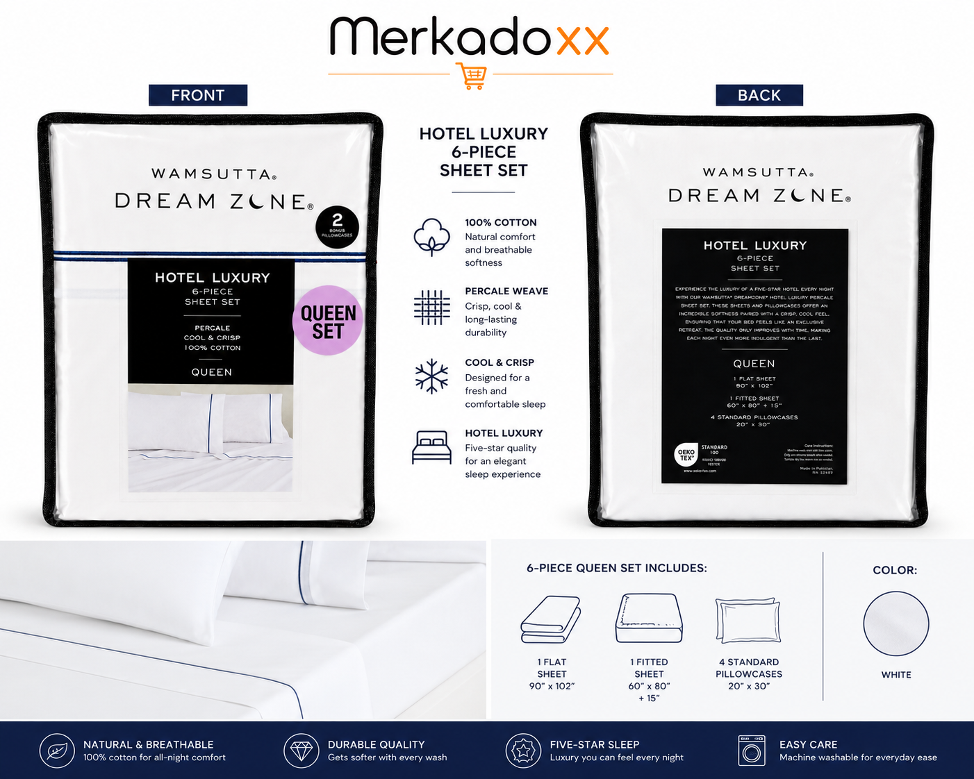 Merkadoxx Wamsutta Dream Zone hotel luxury sheet set packaging with product details.