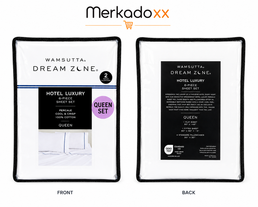 Wamsutta Dream Zone sheet set packaging with front and back views on a white background, featuring Merkadoxx branding.