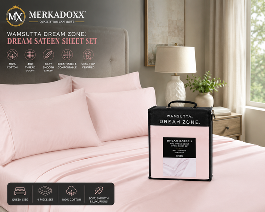 Pink sheet set packaging with Merkadoxx branding in a bedroom setting