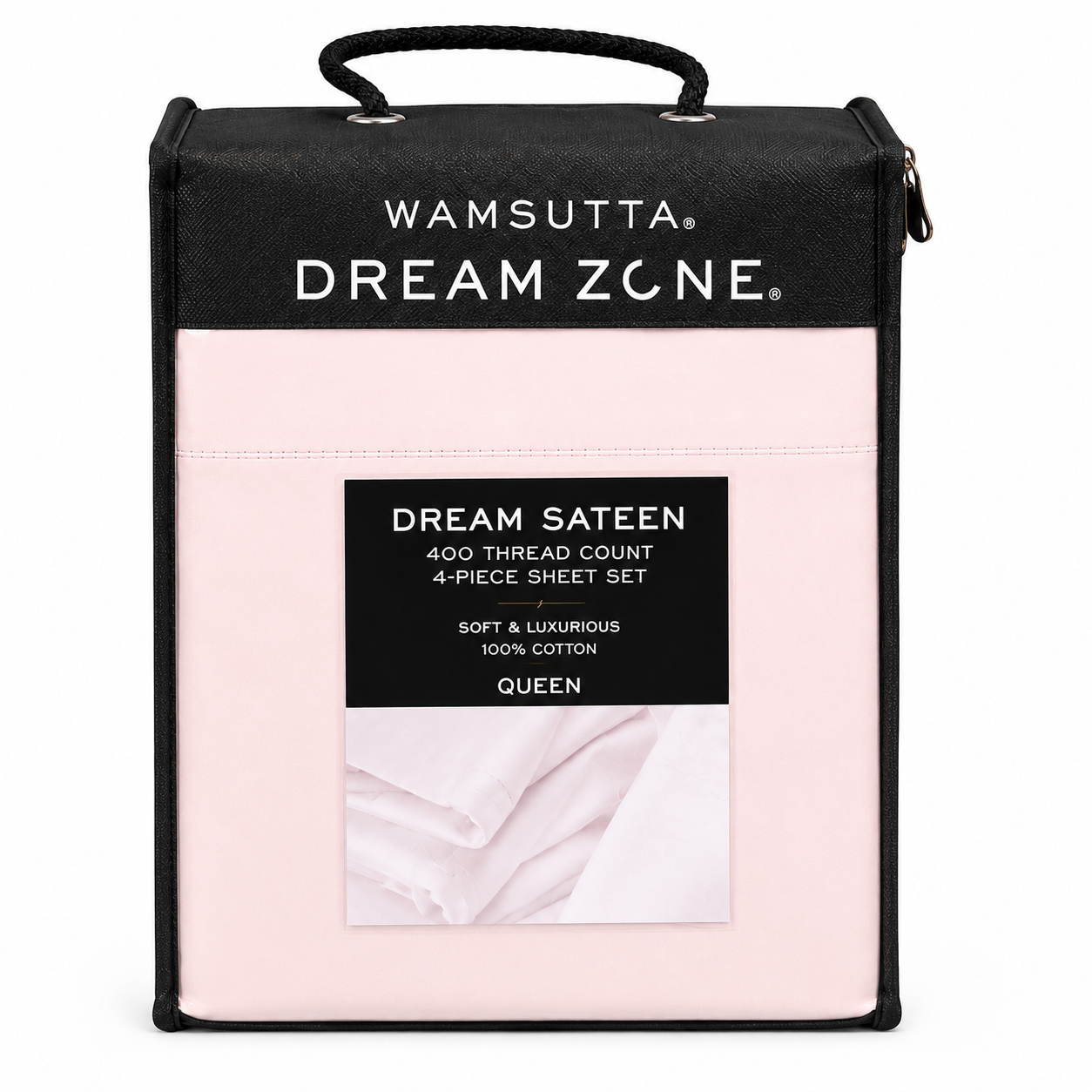 Wamsutta Dream Zone sheet set packaging with pink sheets and black handle on a white background