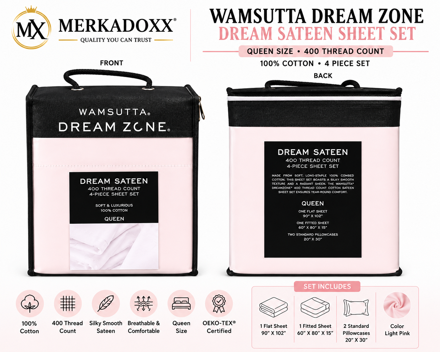Wamsutta Dream Zone sheet set packaging with product details on a white background
